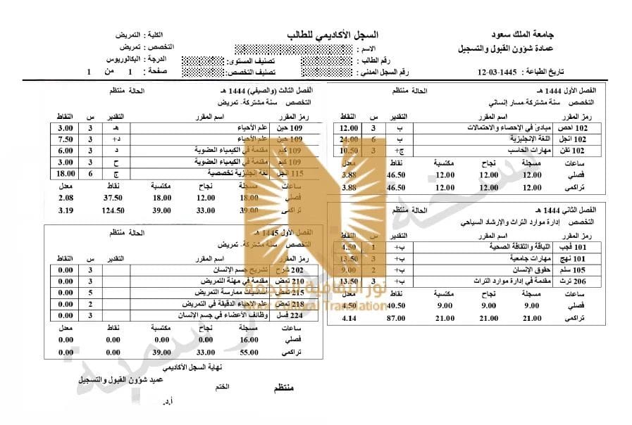 ترجمة السجل الأكاديمي